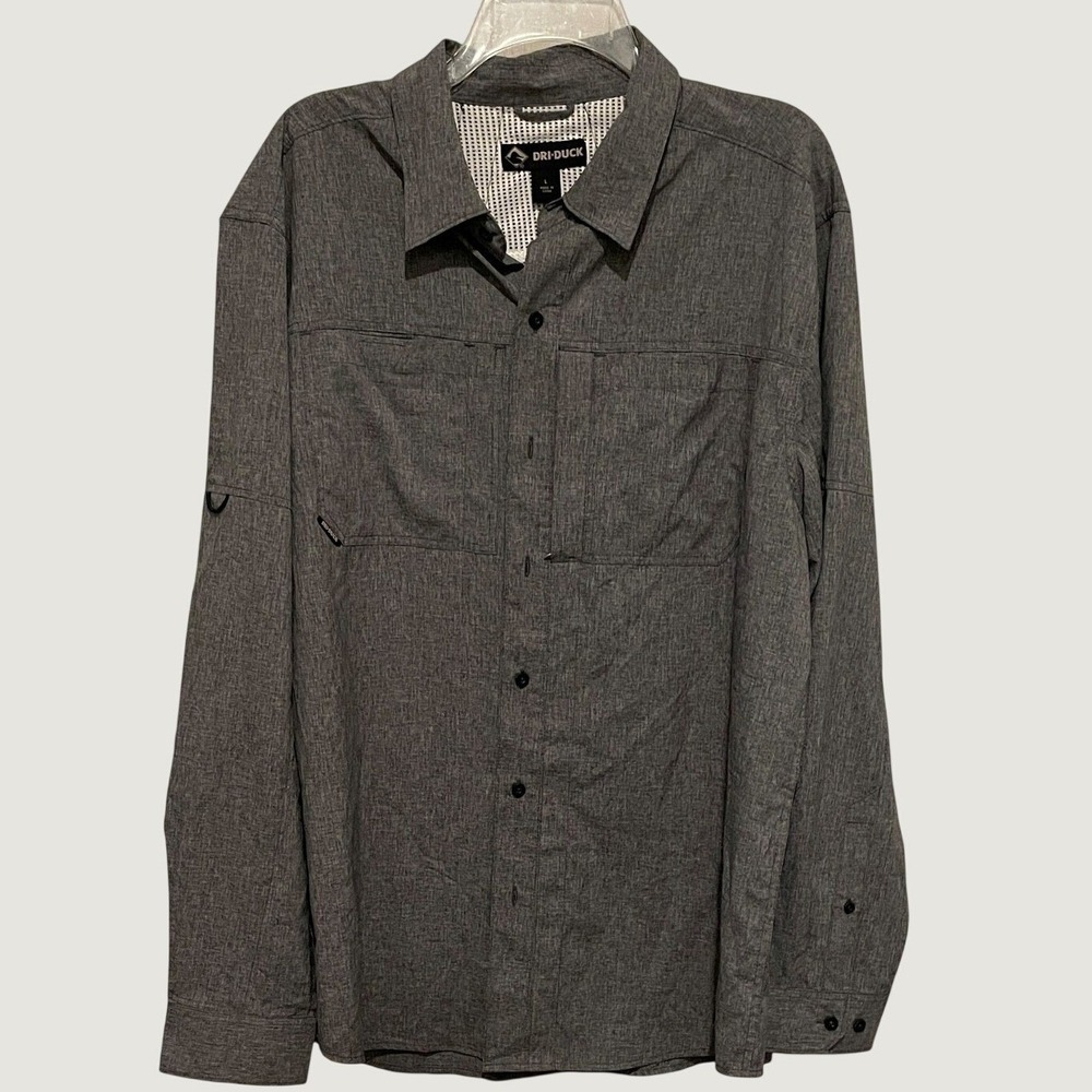 Dri Duck Mens Gray Performance Fishing Hiking Long Sleeve Button Down Shirt Sz L